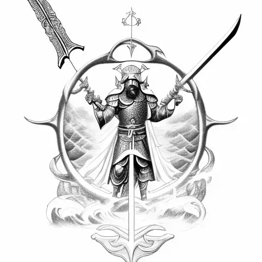 Crusador With Sword And God Of Seas Neptune Looking Over Him With Trident