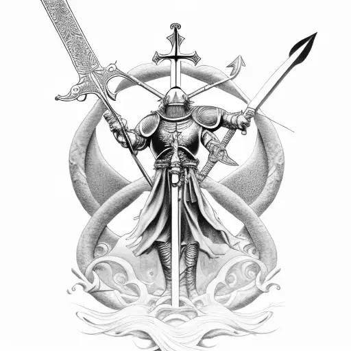 Crusador With Sword And God Of Seas Neptune Looking Over Him With Trident
