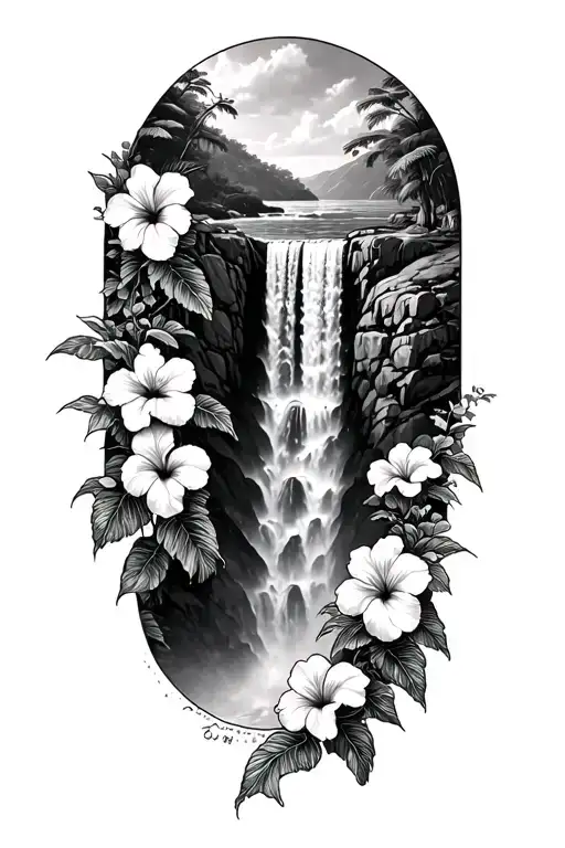 Hawaiin Waterfall With Hibiscus Vine
