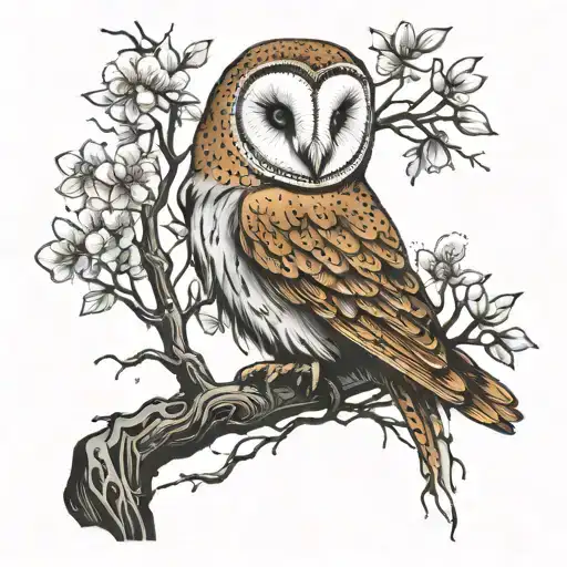 Barn Owl Sitting On A Bonzai Sakura Tree With Roots