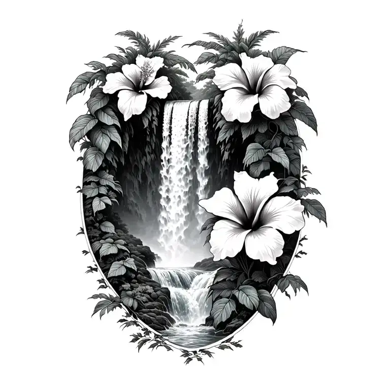 Hawaiin Waterfall With Hibiscus Vine