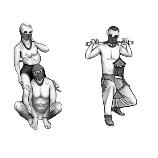 Two People In Balaclava On A Black Background