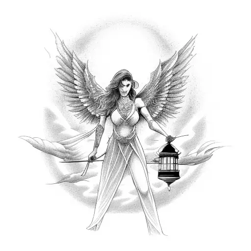 Female Angel Warrior With Lighthouse Background