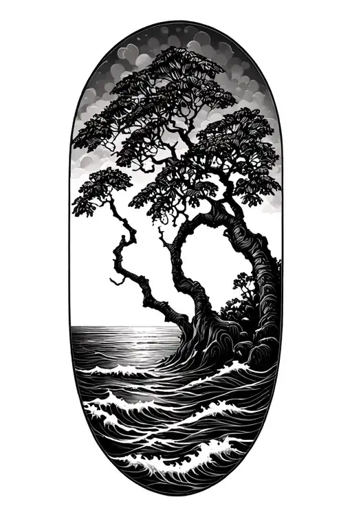 Banyan Tree Silhouette With Ocean Waves
