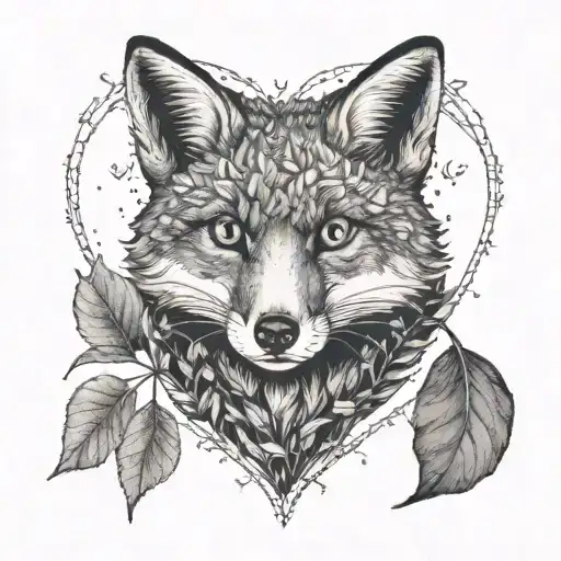 Fox In A Heart With Leaves Around It