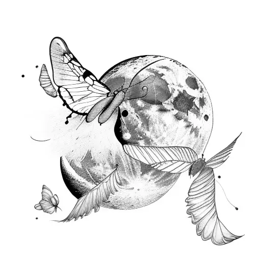Moon With Two Butterflies Flying In Front And Feathers In The Back