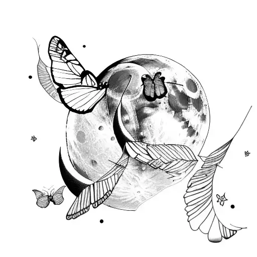 Moon With Two Butterflies Flying In Front And Feathers In The Back