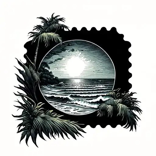 Postage Stamp Frame With Border Waves In A Beach Scene Inside