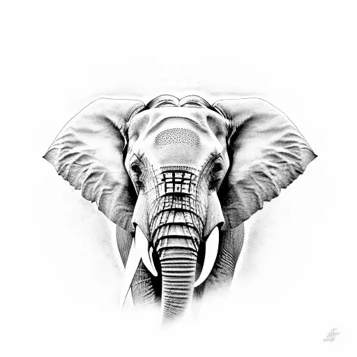 Elephant Facing Front With Big Ears Black And White Lines Trunk Up