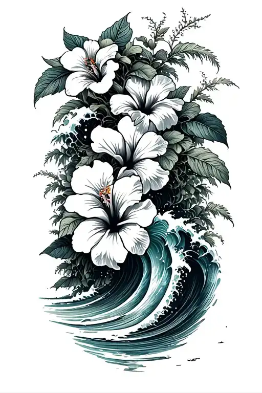 Hibiscus Vine Wrapping Around Waves Crashing On A Beach