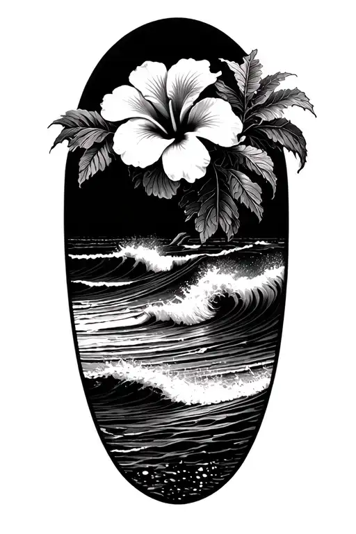 Hibiscus On Bottom With Waves Crashing On A Beach