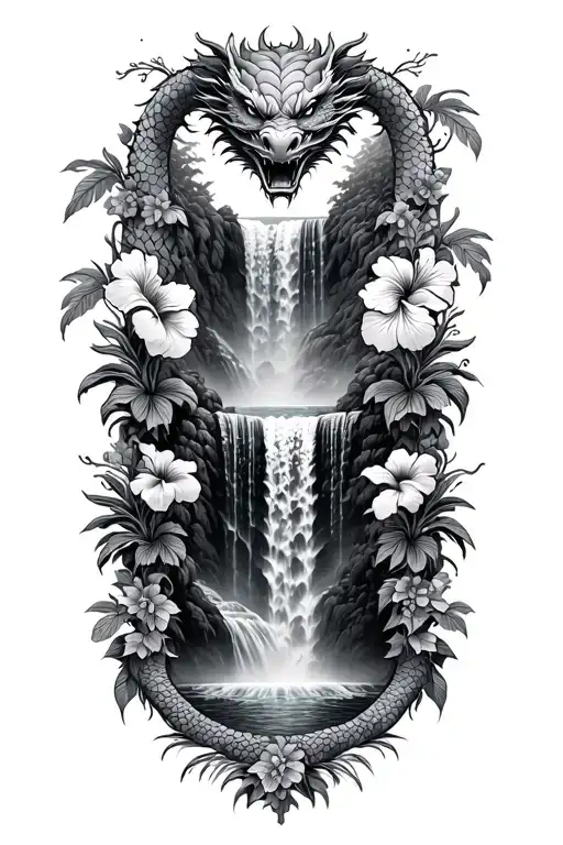 Hawaiin Waterfall With Hibiscus Vine And Dragon Head