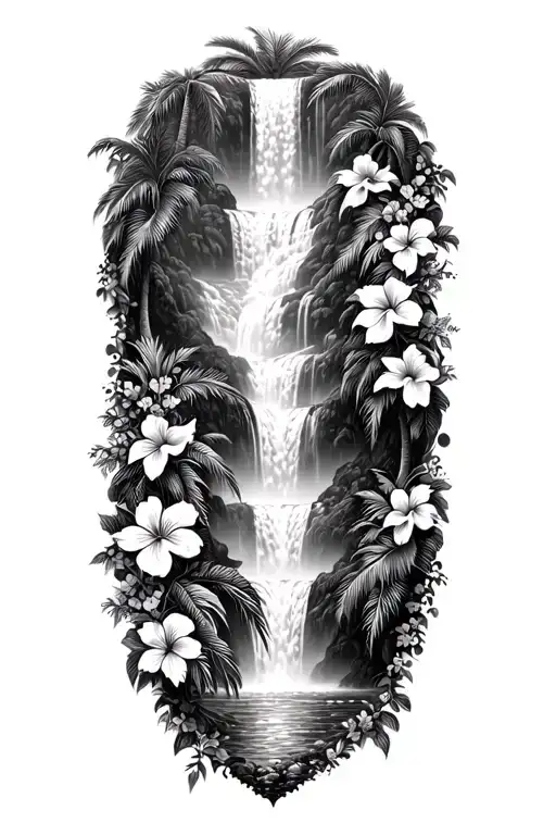 Hawaiin Waterfall With Hibiscus Vine And Palm Tree