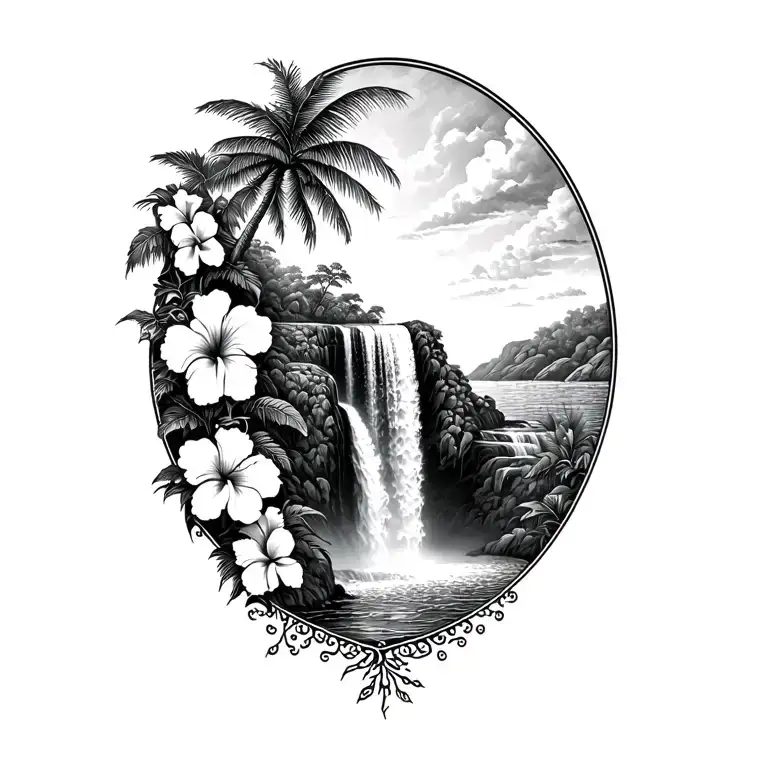 Hawaiin Waterfall With Hibiscus Vine And Palm Tree