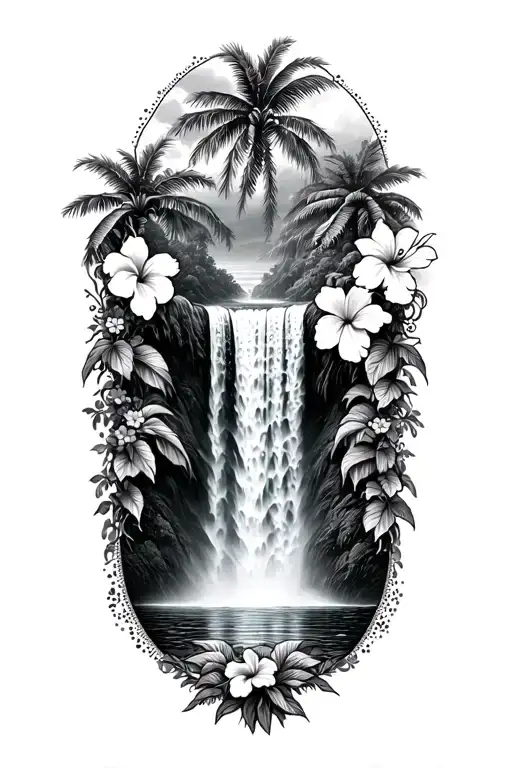 Hawaiin Waterfall With Hibiscus Vine And Palm Tree