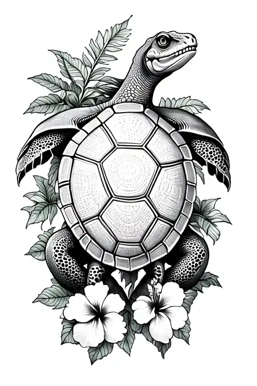 Hawaiin Turtle With Iguana And Hibiscus Vine