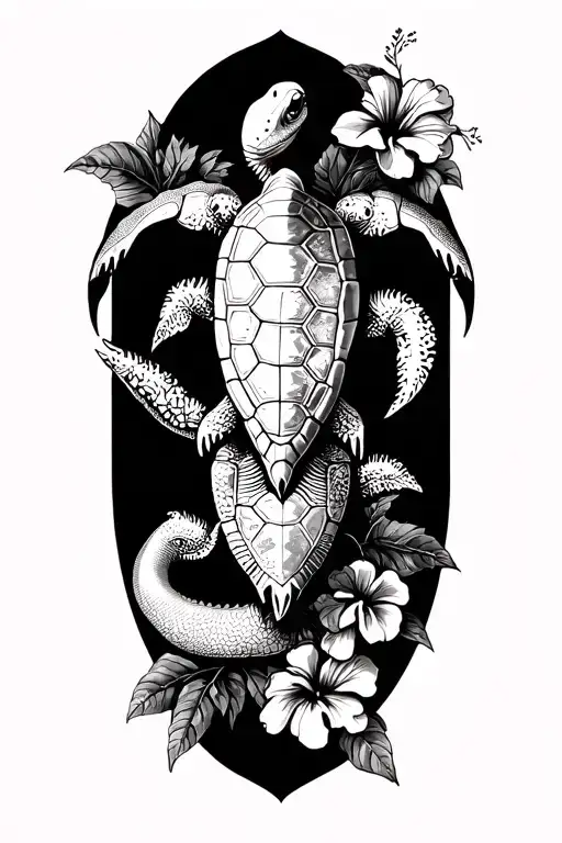 Hawaiin Turtle And Iguana And Hibiscus Vine
