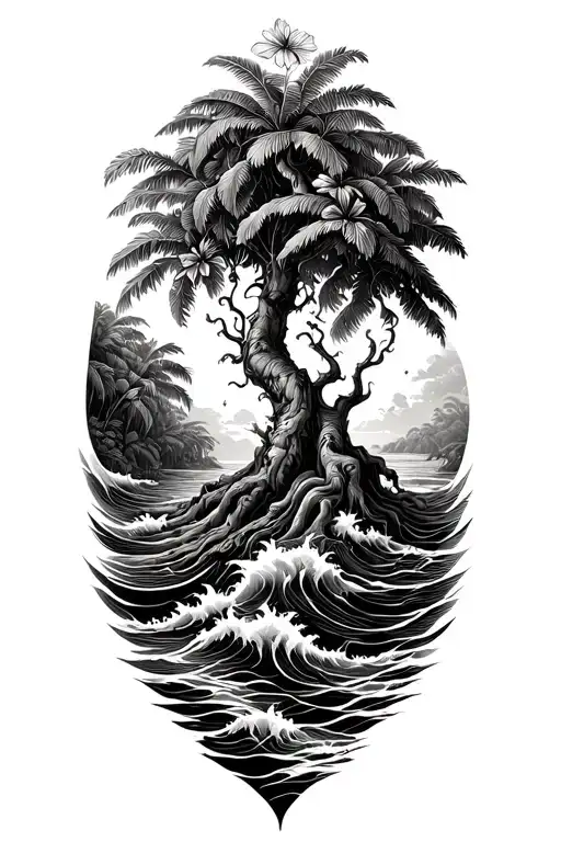 Banyan Tree With Hibiscus Vine And Waves Crashing