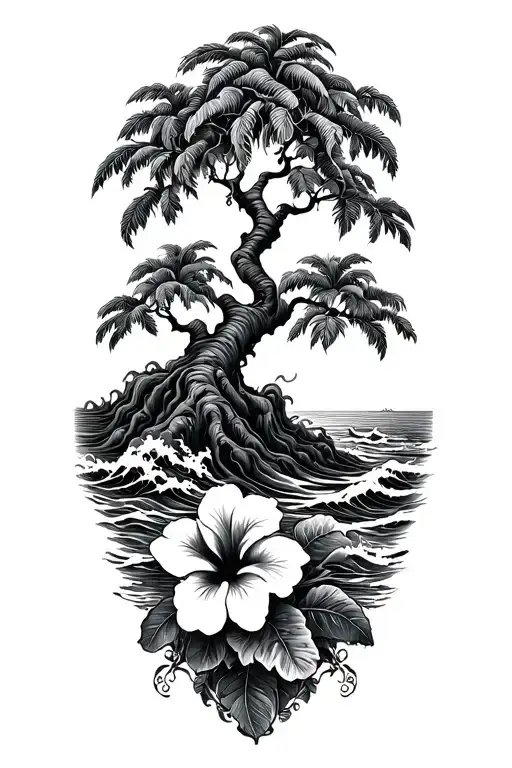 Banyan Tree With Waves Crashing And Hibiscus Flower On The Bottom