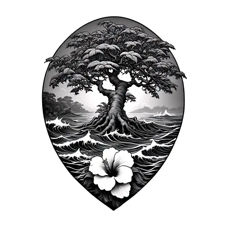 Banyan Tree With Waves Crashing And Hibiscus Flower On The Bottom