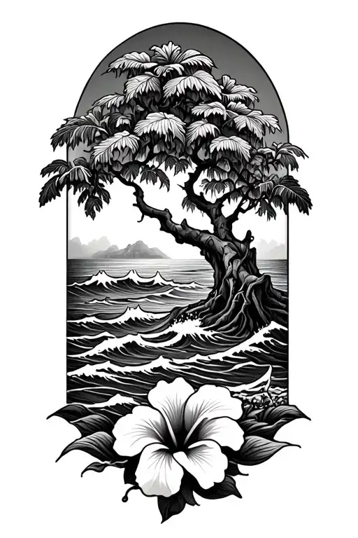 Banyan Tree With Waves Crashing And Hibiscus Flower On The Bottom