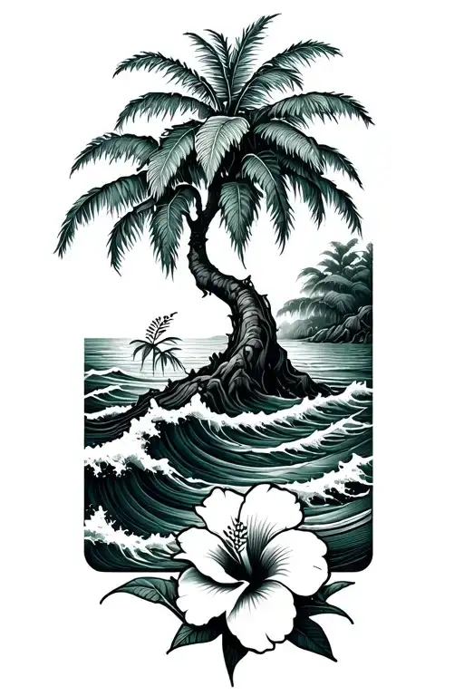 Banyan Tree With Waves Crashing And Hibiscus Flower On The Bottom And Right