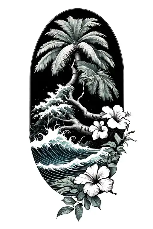 Banyan Tree With Waves Crashing And Hibiscus Vine On The Bottom And Right