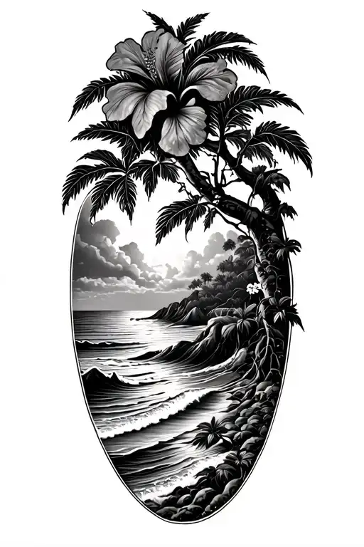 Banyan Tree With Hibiscus Vine With Waves And A Beach