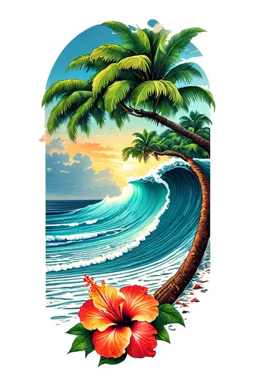 Waves On A Beach With A Banyan Tree And Hibiscus Flower