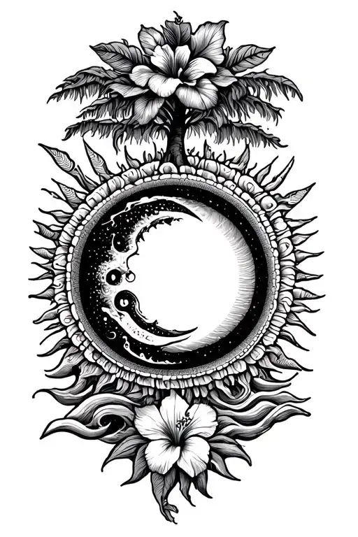 Sun And Moon And Banyan Tree And Hibiscus Flower With Ocean Waves