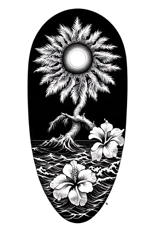 Sun And Banyan Tree And Hibiscus Flower With Ocean Waves