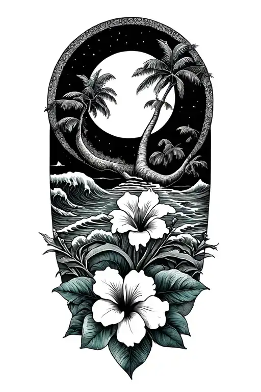 Sun And Moon And Banyan Tree And Hibiscus Flower With Ocean Waves