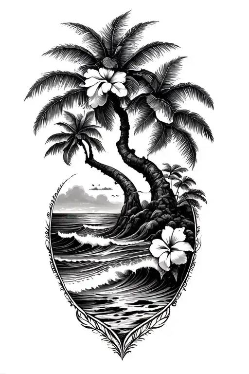 Banyan Tree And Hibiscus Flower With Ocean Waves On A Beach