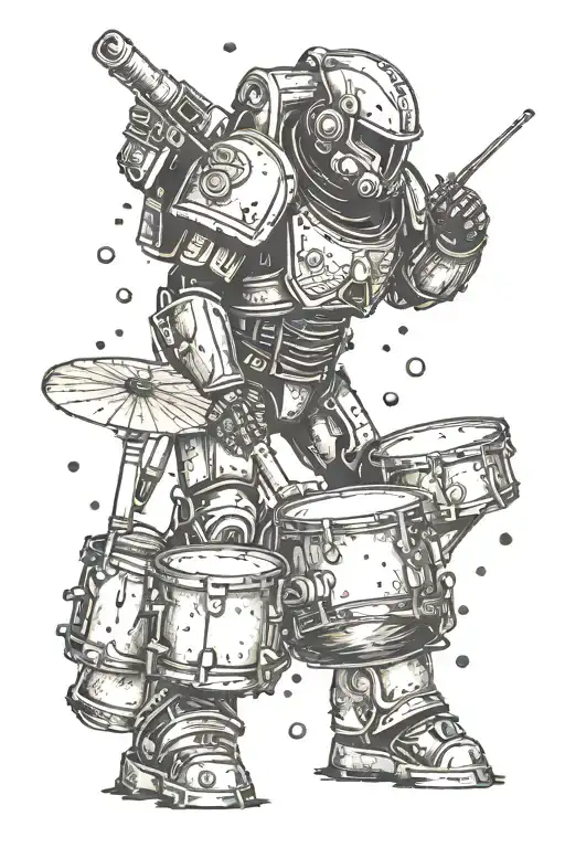 A Dotwork Tattoo Of A Space Marine Playing Drums On A Distant Alien Planet