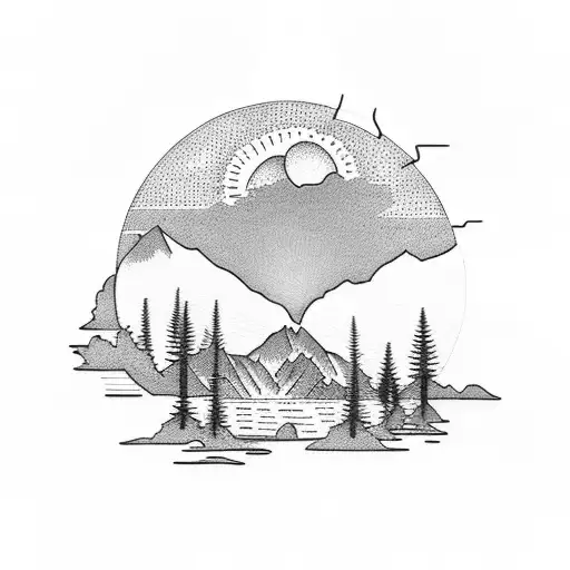 A Dotwork Tattoo Of A Silhouette Of The Adirondack Mountains With A Sun Setting Behind Them
