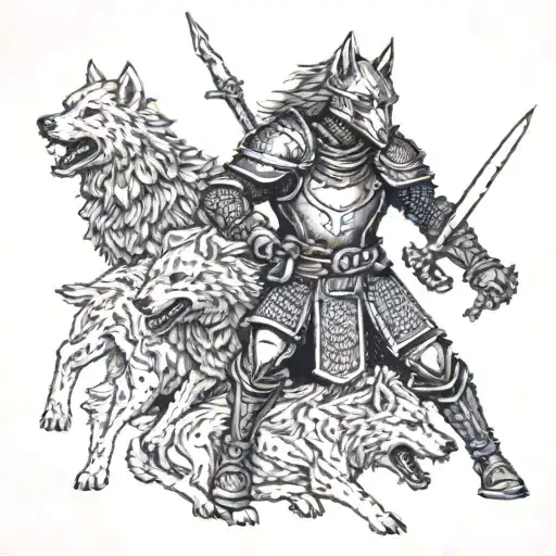 A Warrior In Full Armor Battling A Pack Of Wolves In A Game 7 Setting