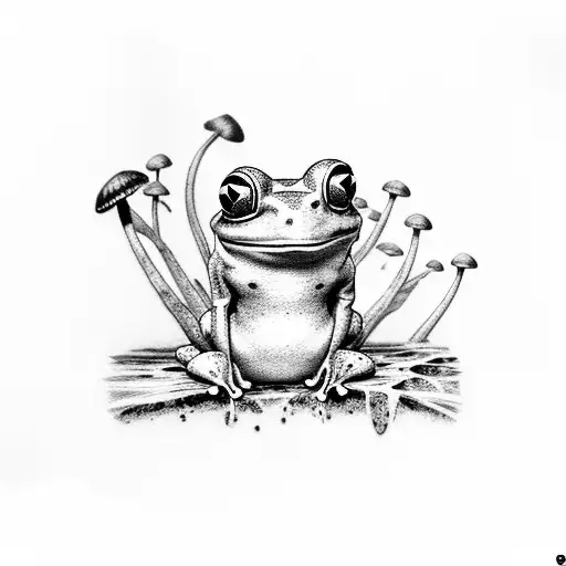 A Frog Is Sitting On A Stump With Mushrooms