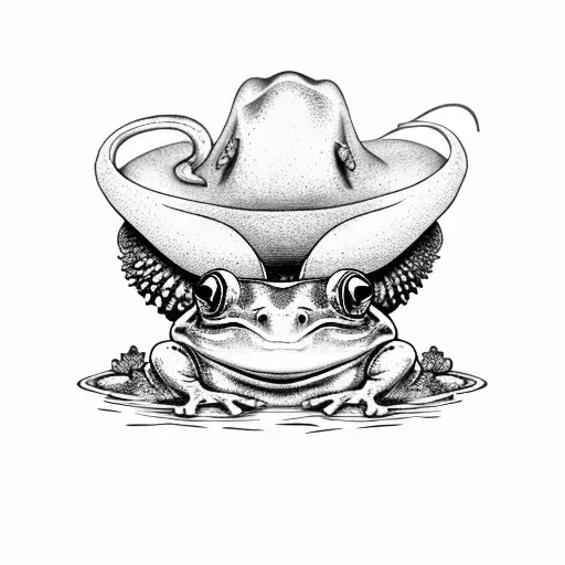 A Frog In A Hat Sits On A Stump With Mushrooms