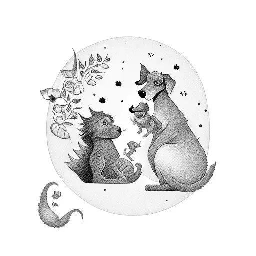 A Silhouette Of A Mother And Child Playing With Their Pets In A Whimsical Scene