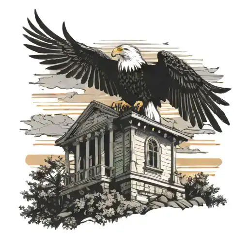 A Church Steeple With A Bald Eagle Perched On Top At Sunset