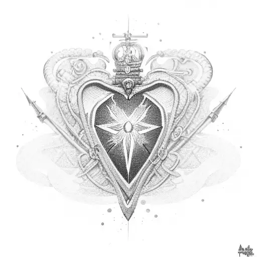 A Detailed Dotwork Design Of A Purple Heart With Military Insignia