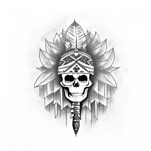 Skeleton Wearing Indian Head Dress Smoking A Pipe
