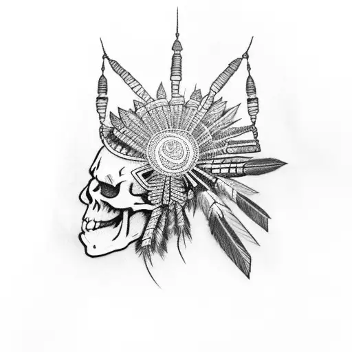 Skeleton Wearing Indian Head Dress Smoking A Pipe