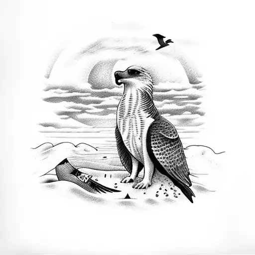 Beach Scene Tattoo With A Dog And A Hawk Sitting Next To Each Other On The Beach