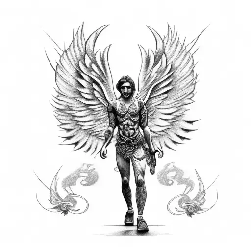Celtic Tattoo Of A Full Body Male Angel With Arms And Wings Open Wide