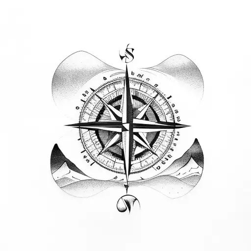 Compass With Mountain And Waves