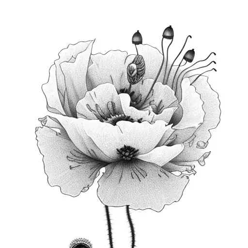 Black And White Fine Line Tattoo Of Poppy And Carnation Flowers