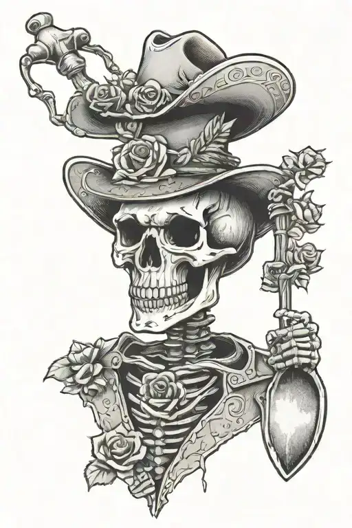 Skeleton Cowboy With Roses Pick And Shovel