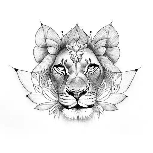 Lioness With Butterflies And Lotus