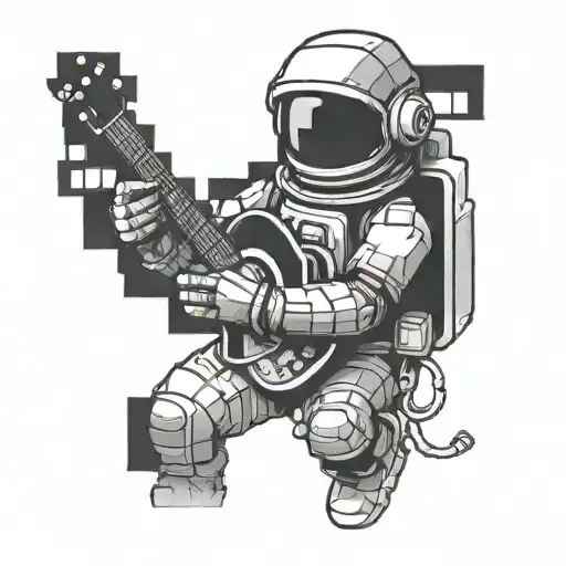 Create A Tattoo Of A Pixelated Astronaut Playing A Guitar In A Gaming-inspired Setting